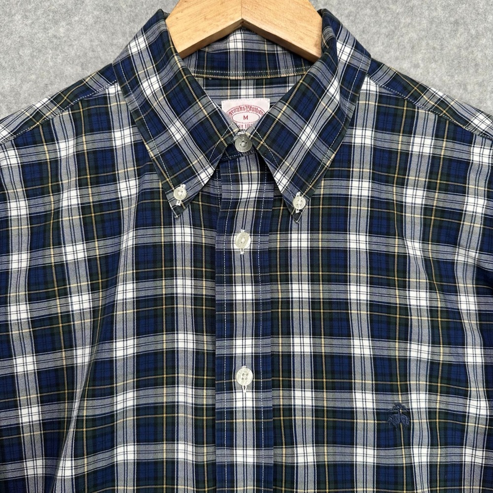 Brooks Brothers Madison Plaid Button Down Shirt Mens Size M Non Iron Blue Green
